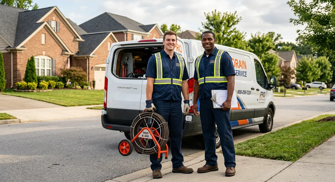 Sewer and drain service team with equipment ready for work in Alexandria