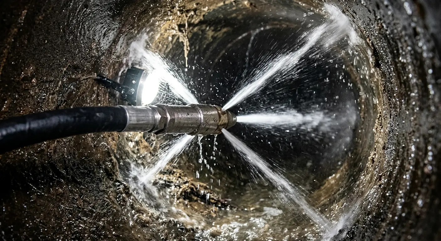 High-pressure hydro jetting nozzle cleaning sewer pipe for Sewer Cleanout in Alexandria