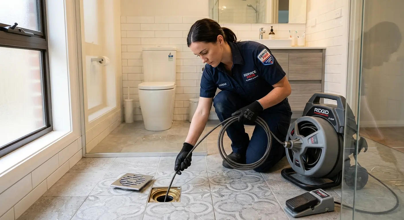 Technician clearing a bathroom floor drain for Hydro Jetting in Alexandria